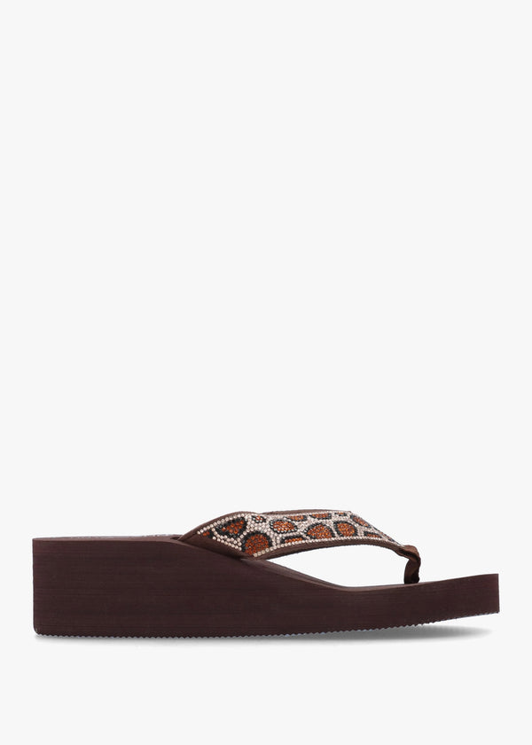 Brown Diamante Leopard Toe Post Wedge Flip Flops