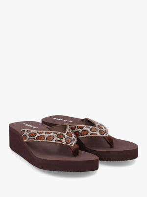 Brown Diamante Leopard Toe Post Wedge Flip Flops