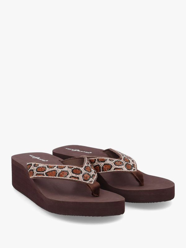 Brown Diamante Leopard Toe Post Wedge Flip Flops