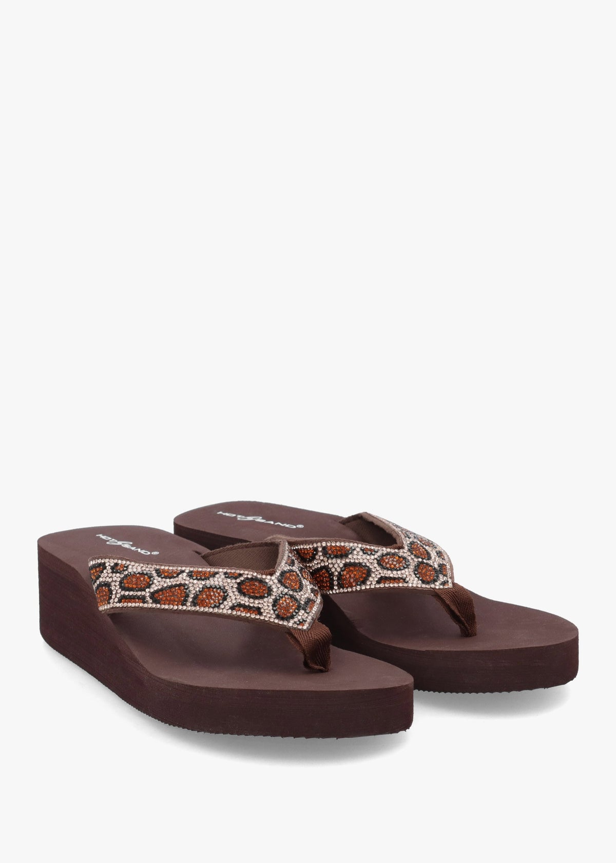 Brown Diamante Leopard Toe Post Wedge Flip Flops