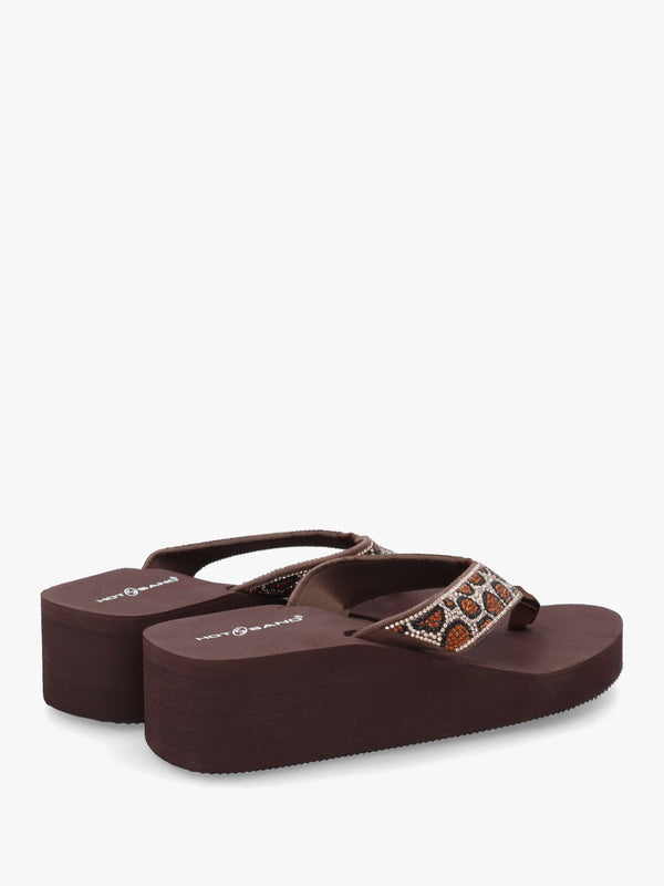 Brown Diamante Leopard Toe Post Wedge Flip Flops