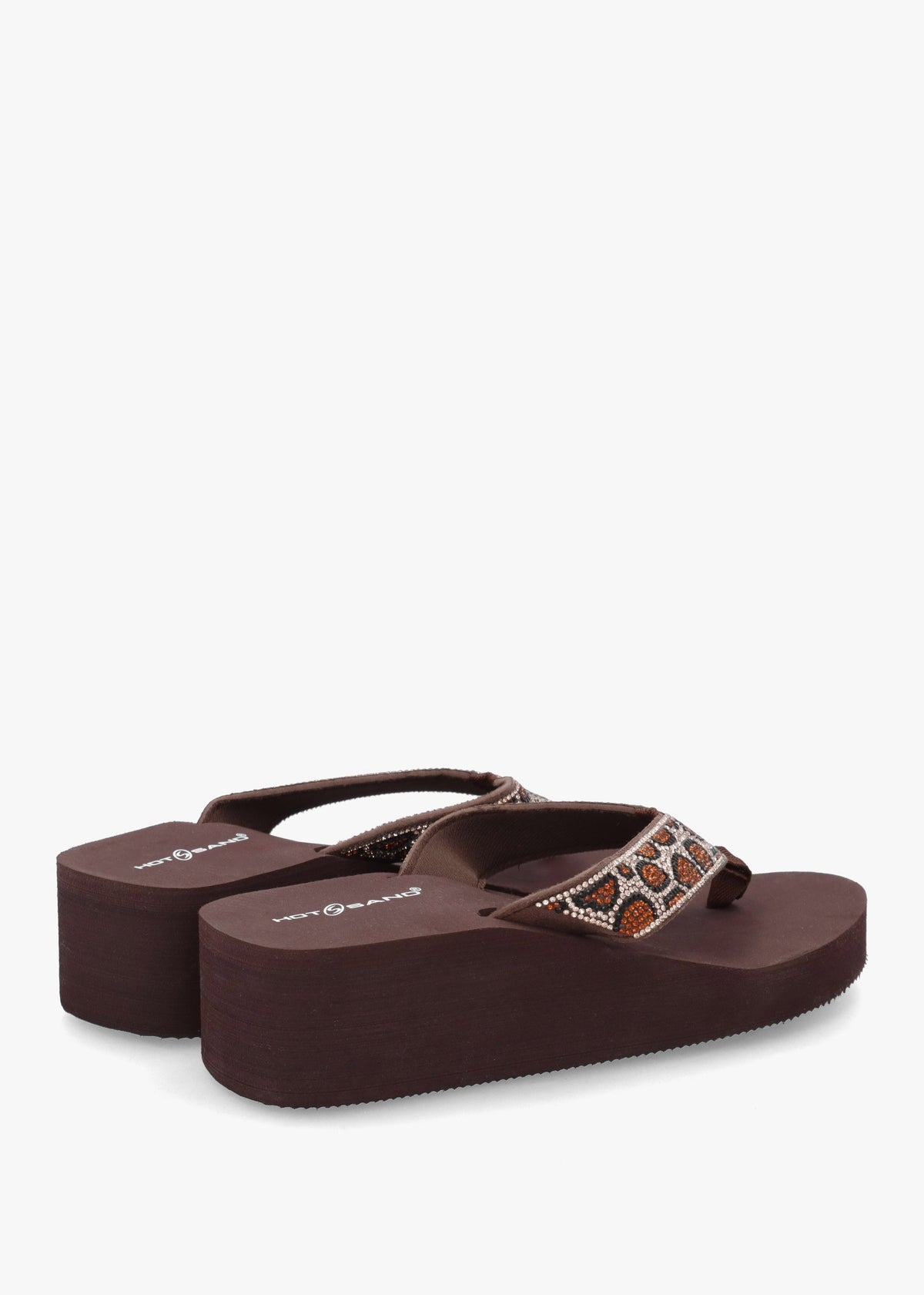 Brown Diamante Leopard Toe Post Wedge Flip Flops