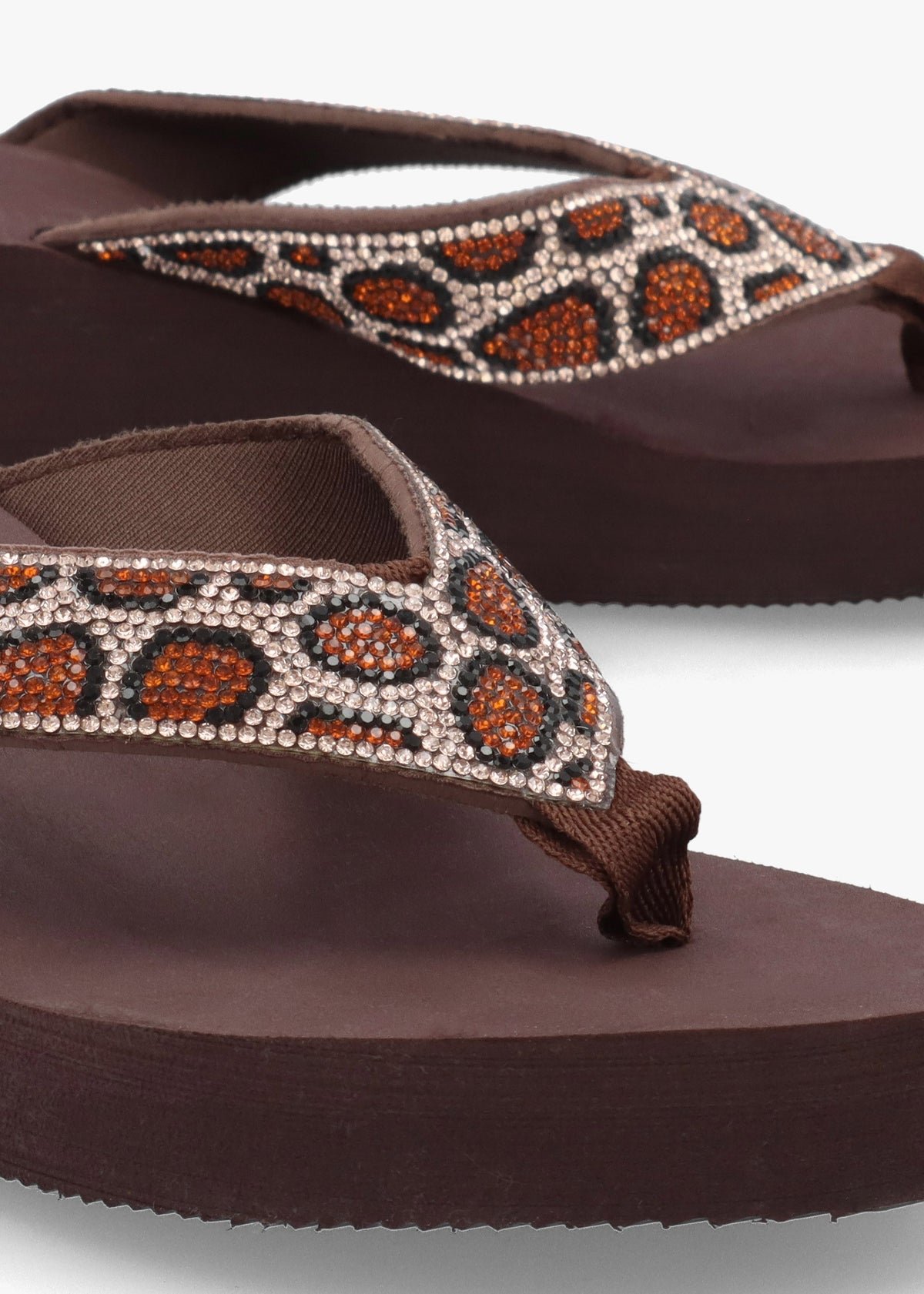 Brown Diamante Leopard Toe Post Wedge Flip Flops