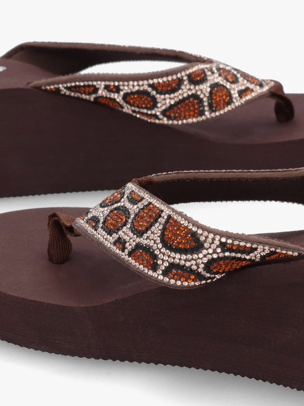 Brown Diamante Leopard Toe Post Wedge Flip Flops