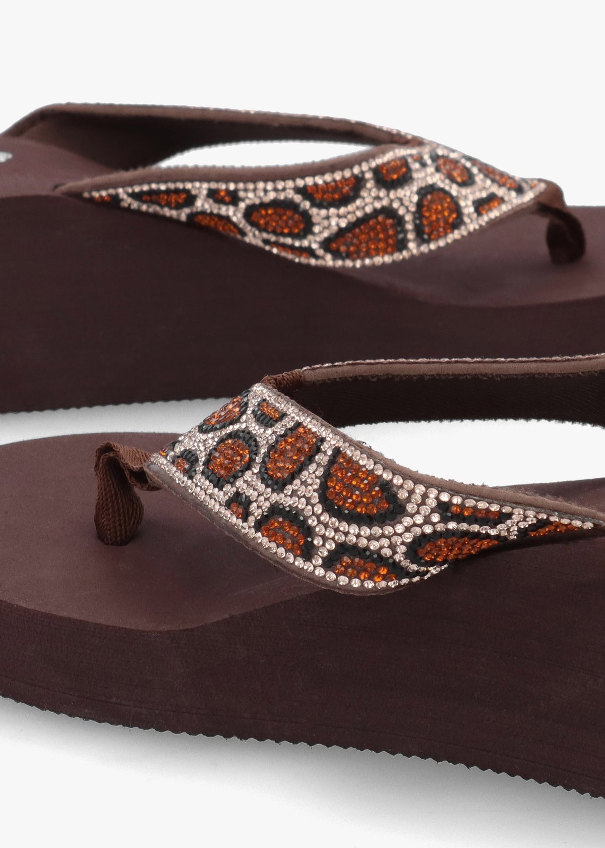 Brown Diamante Leopard Toe Post Wedge Flip Flops