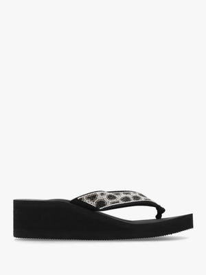 Black Diamante Leopard Toe Post Wedge Flip Flops