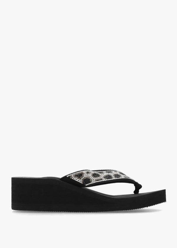 Black Diamante Leopard Toe Post Wedge Flip Flops