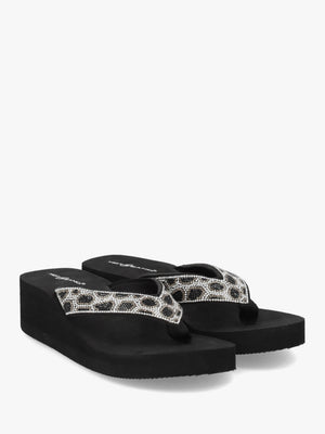 Black Diamante Leopard Toe Post Wedge Flip Flops
