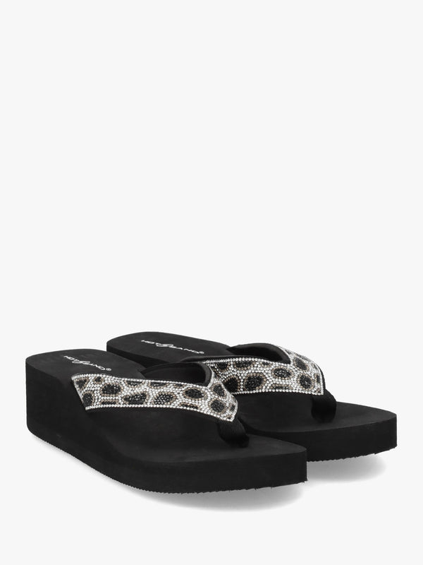 Black Diamante Leopard Toe Post Wedge Flip Flops