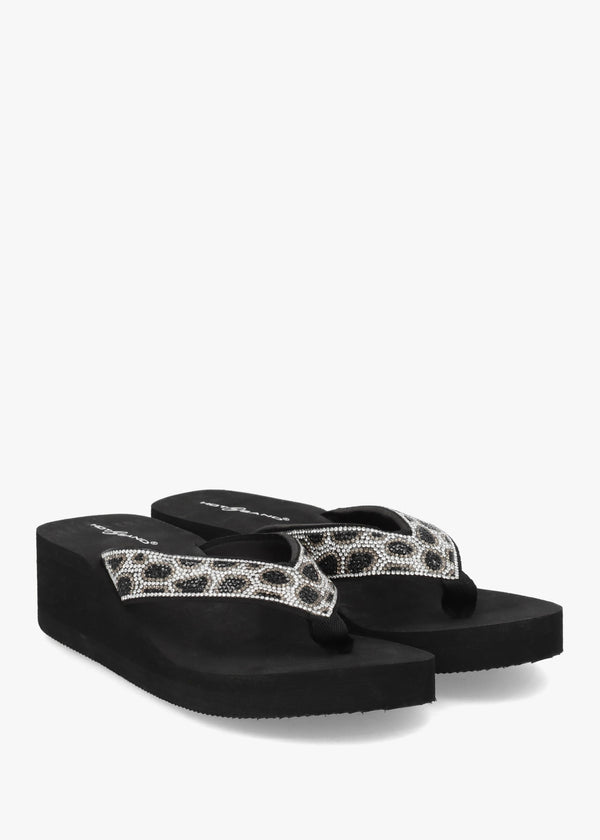 Black Diamante Leopard Toe Post Wedge Flip Flops