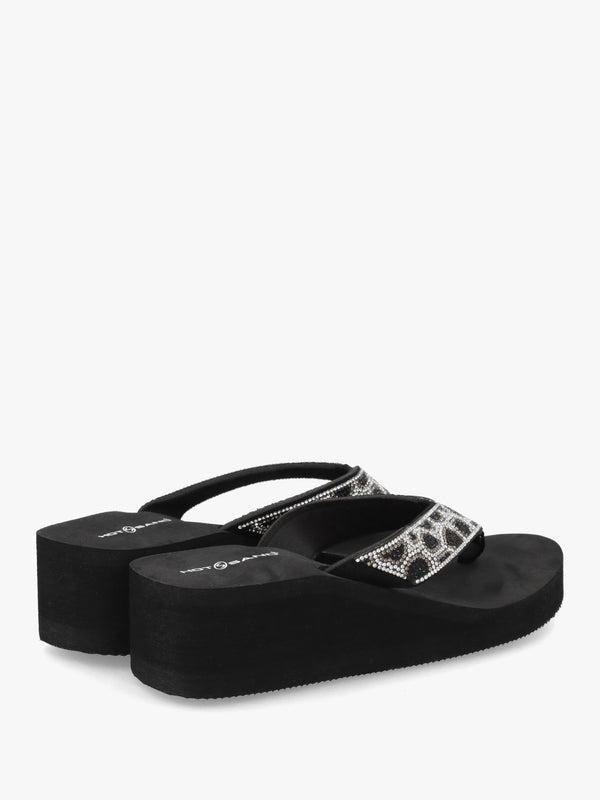 Black Diamante Leopard Toe Post Wedge Flip Flops