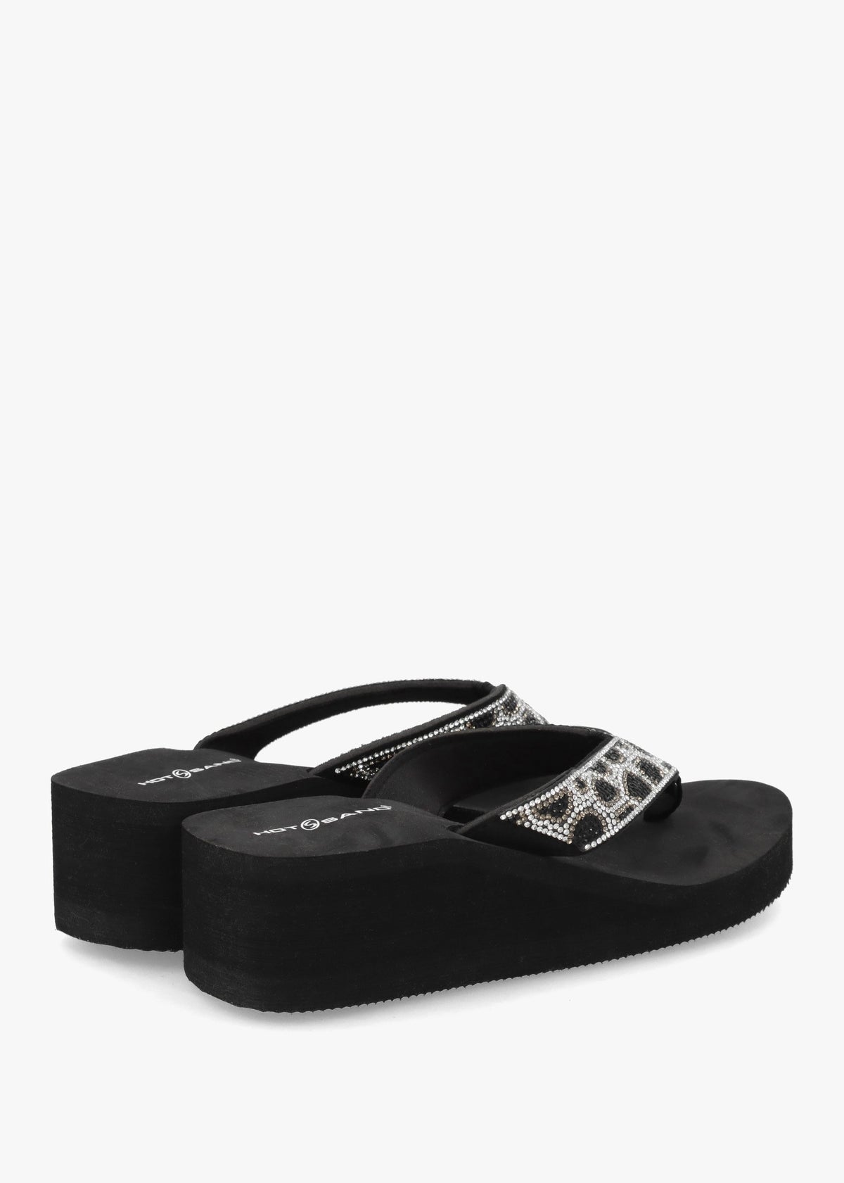 Black Diamante Leopard Toe Post Wedge Flip Flops