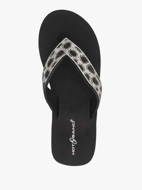 Black Diamante Leopard Toe Post Wedge Flip Flops