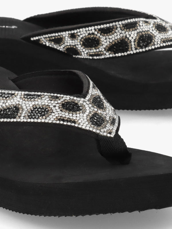 Black Diamante Leopard Toe Post Wedge Flip Flops