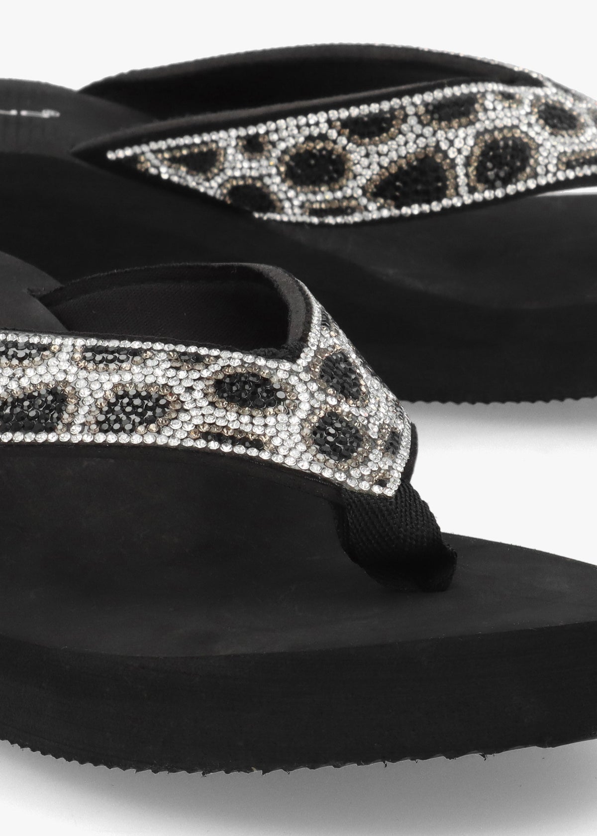 Black Diamante Leopard Toe Post Wedge Flip Flops