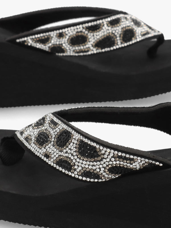 Black Diamante Leopard Toe Post Wedge Flip Flops