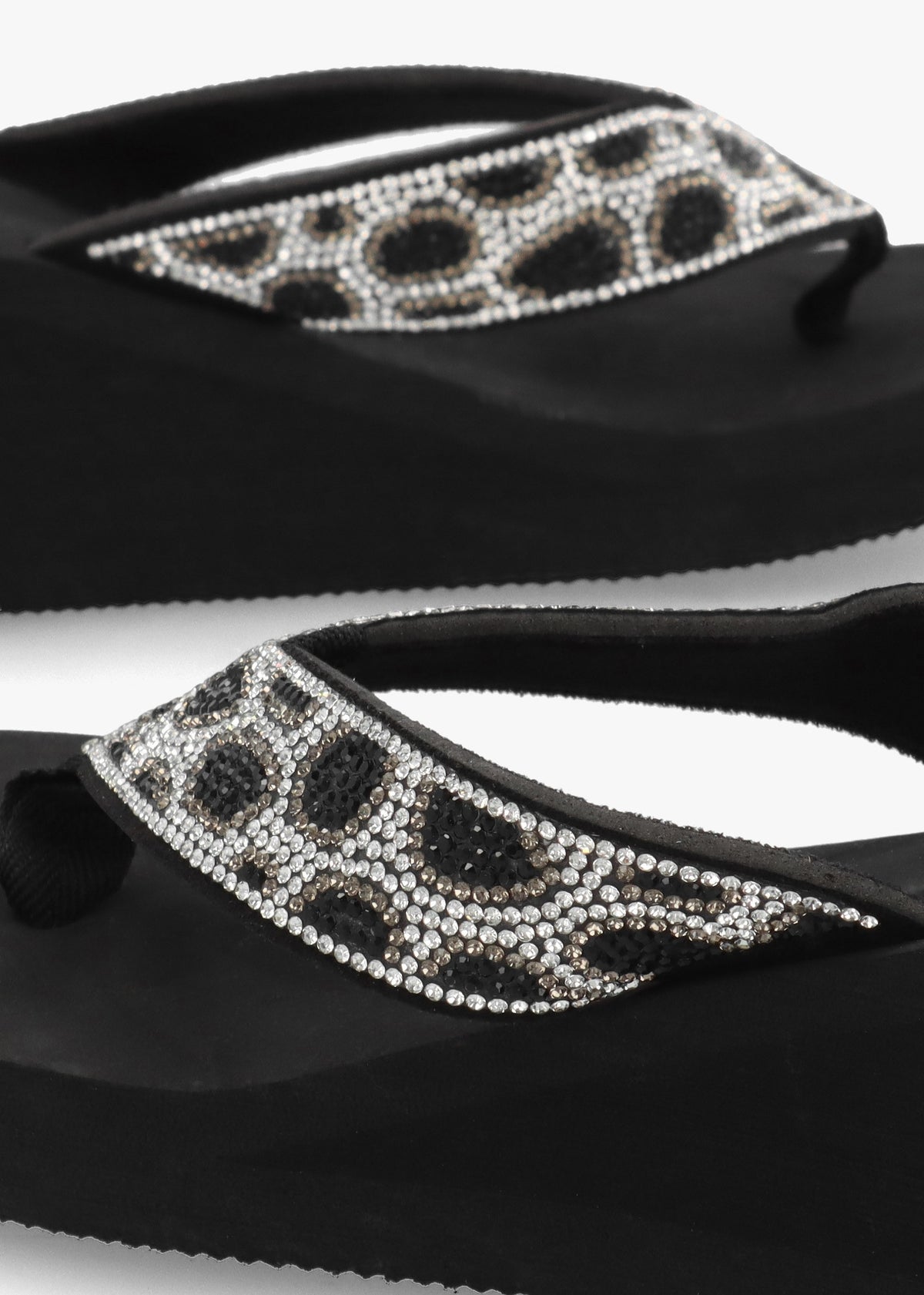 Black Diamante Leopard Toe Post Wedge Flip Flops