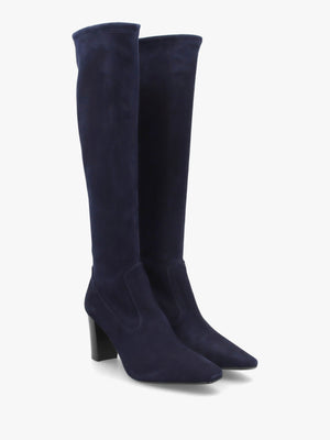 Navy Suede Block Heel Knee Boots