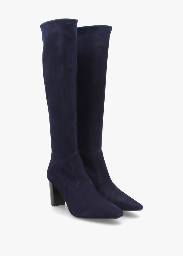 Navy Suede Block Heel Knee Boots