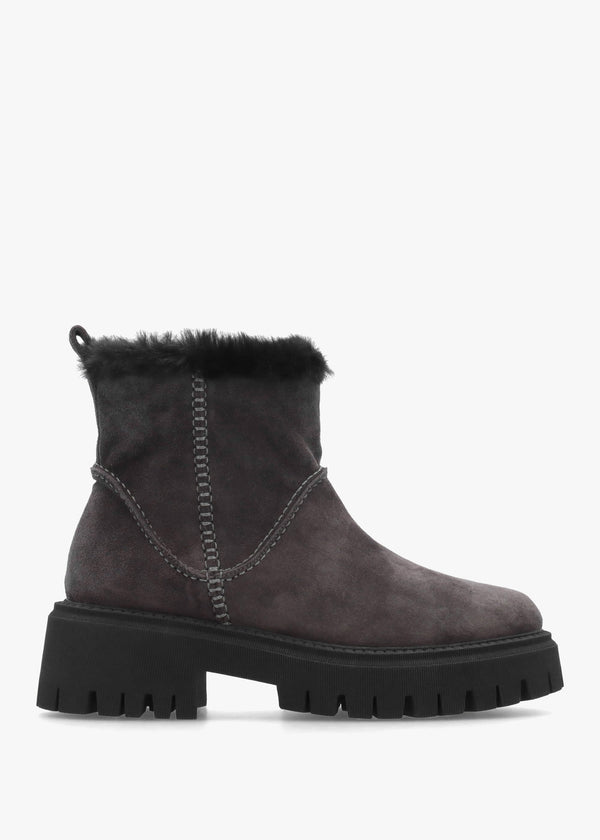Dark Grey Suede Chunky Ankle Boots