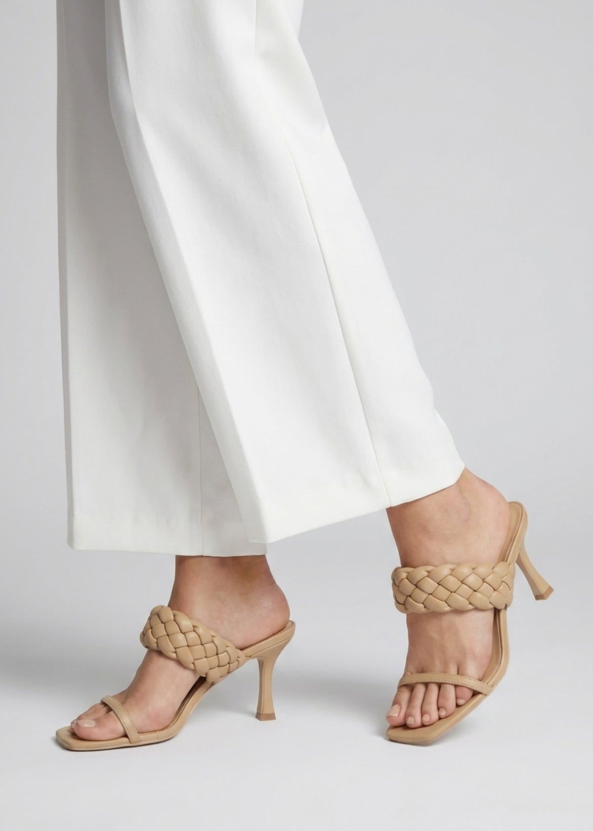 Rose Beige Plaited Two Bar Heeled Sandals