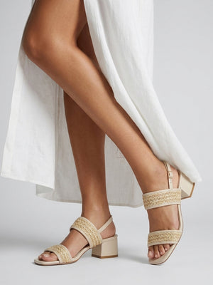 Rebecca Beige Woven Two Bar Mid-Block Heel Sandals