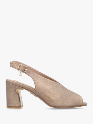 Love Taupe Metallic Block Heel Sling Back Sandals