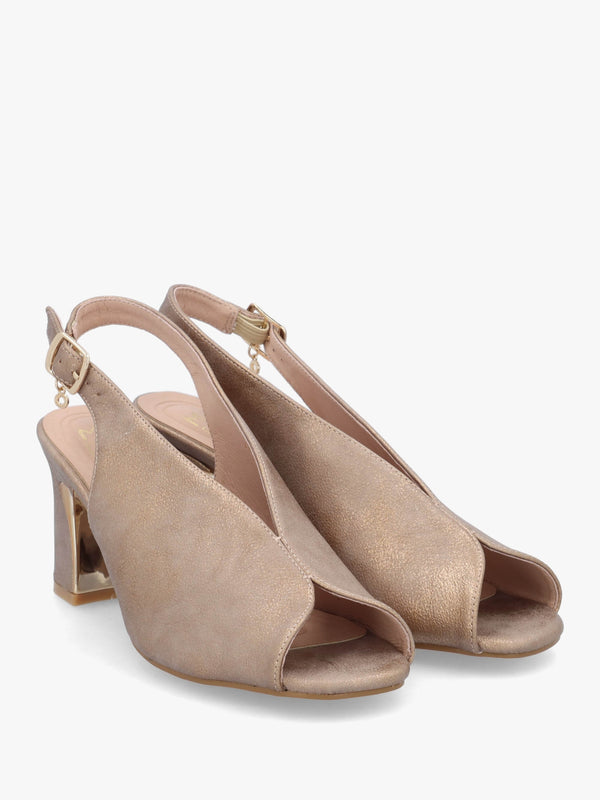 Love Taupe Metallic Block Heel Sling Back Sandals