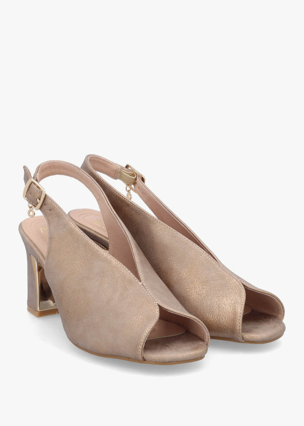 Love Taupe Metallic Block Heel Sling Back Sandals