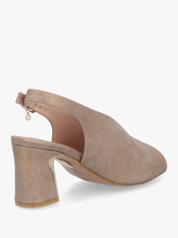 Love Taupe Metallic Block Heel Sling Back Sandals