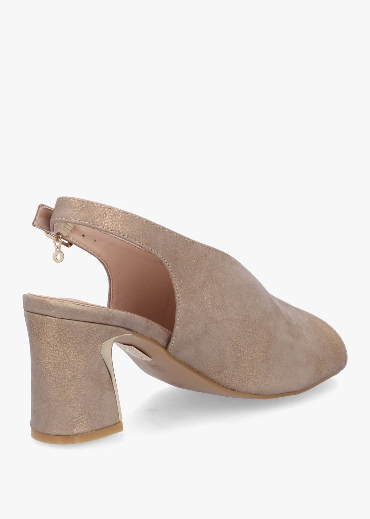 Love Taupe Metallic Block Heel Sling Back Sandals