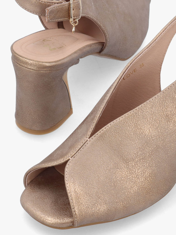 Love Taupe Metallic Block Heel Sling Back Sandals