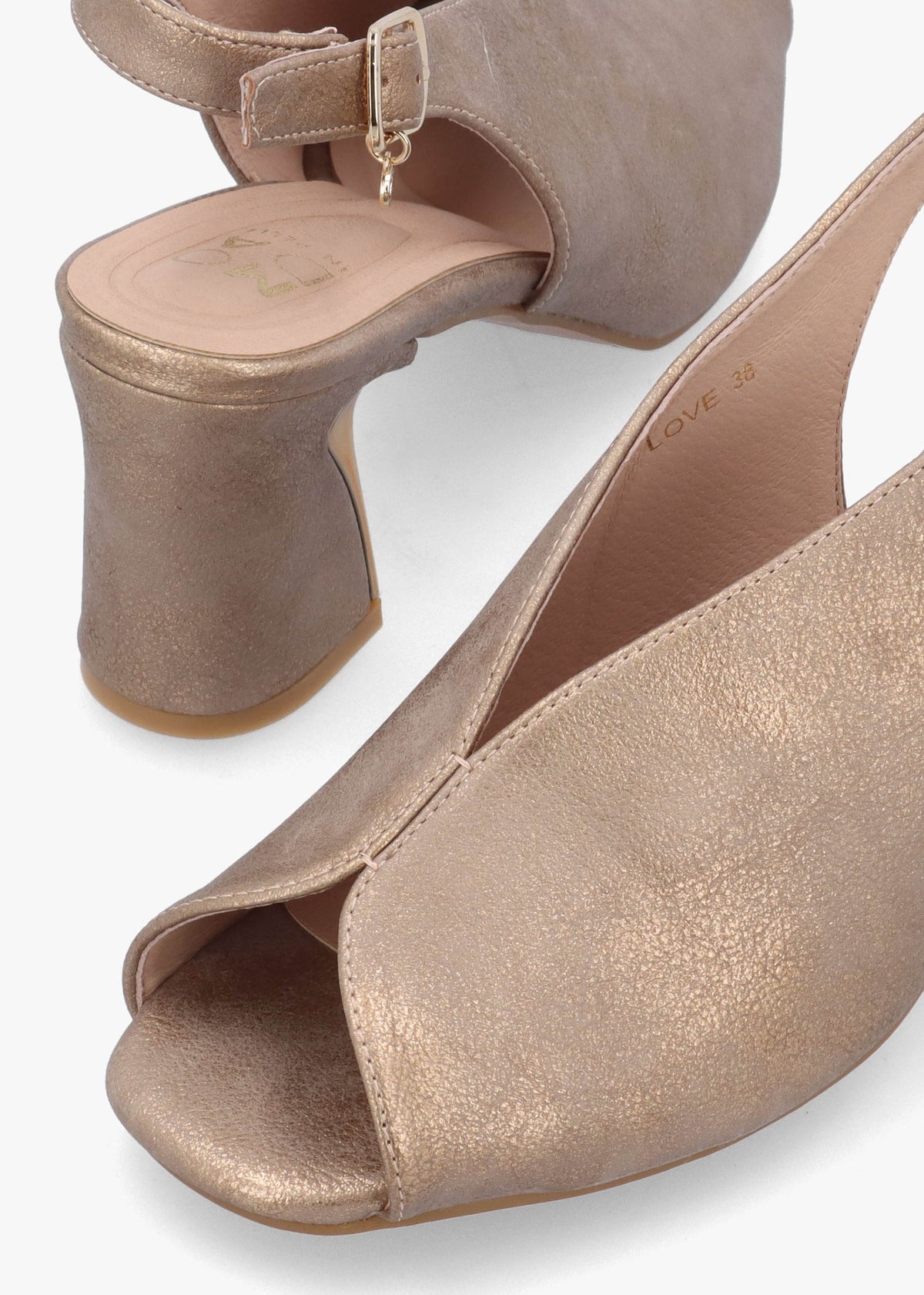Love Taupe Metallic Block Heel Sling Back Sandals