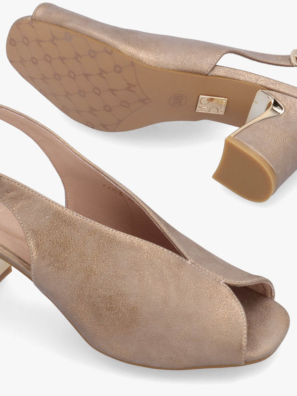 Love Taupe Metallic Block Heel Sling Back Sandals