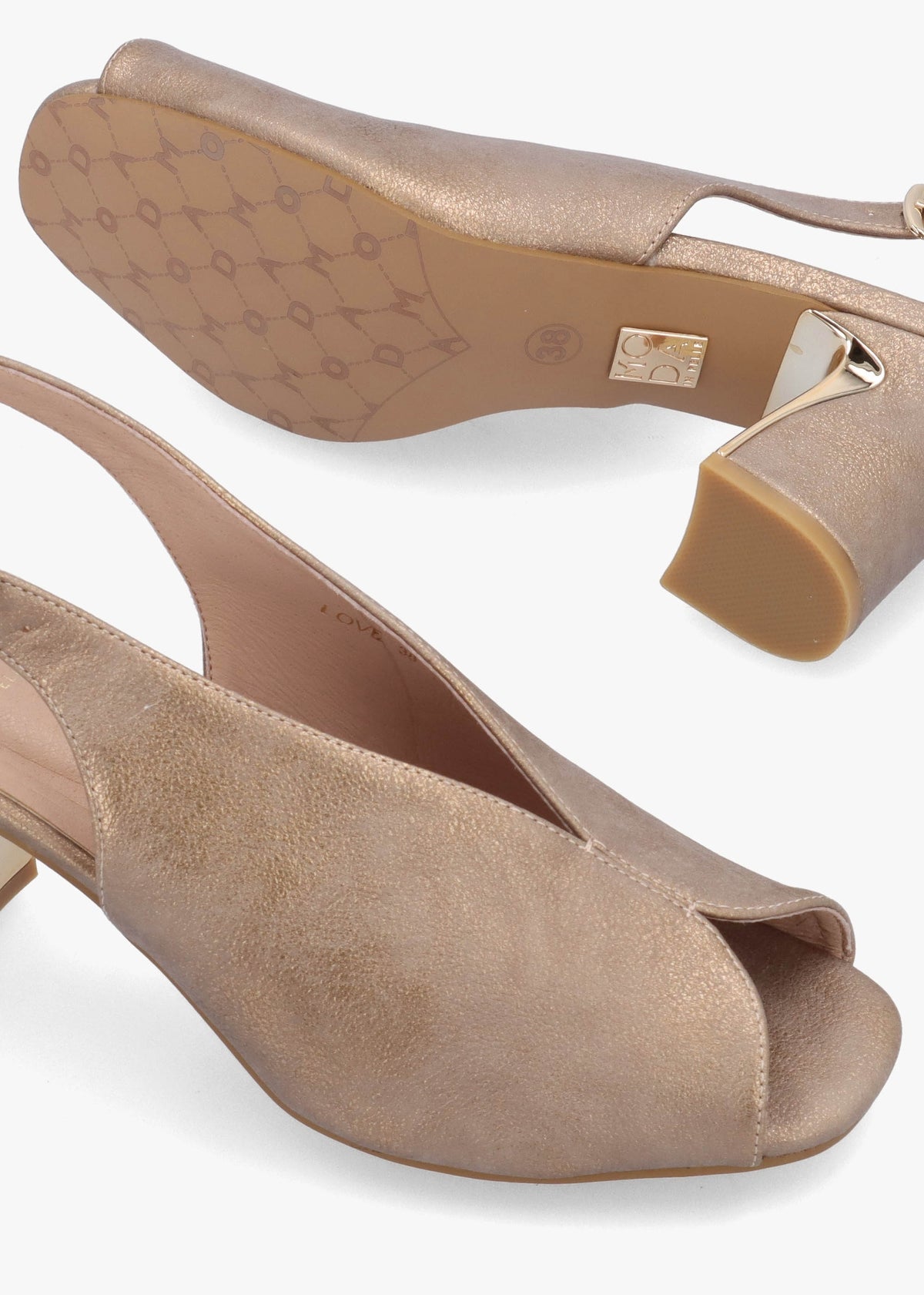 Love Taupe Metallic Block Heel Sling Back Sandals
