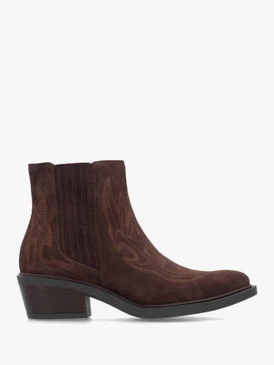 Ikes Brown Suede Embroidered Western Ankle Boots