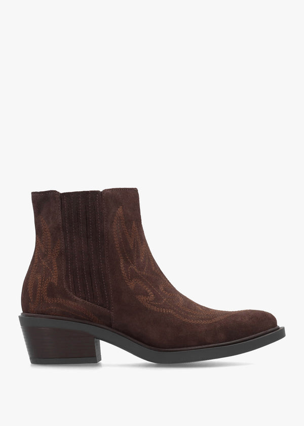 Ikes Brown Suede Embroidered Western Ankle Boots