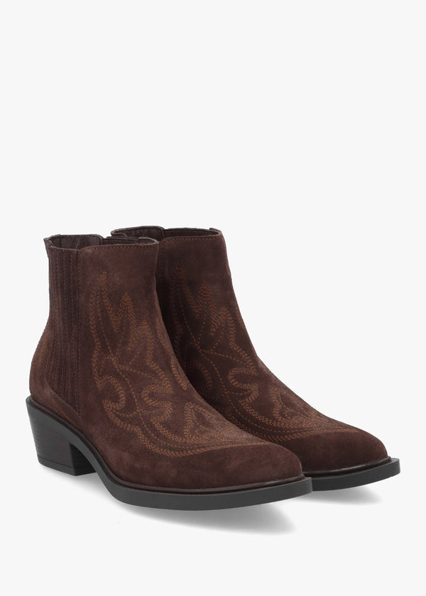 Ikes Brown Suede Embroidered Western Ankle Boots