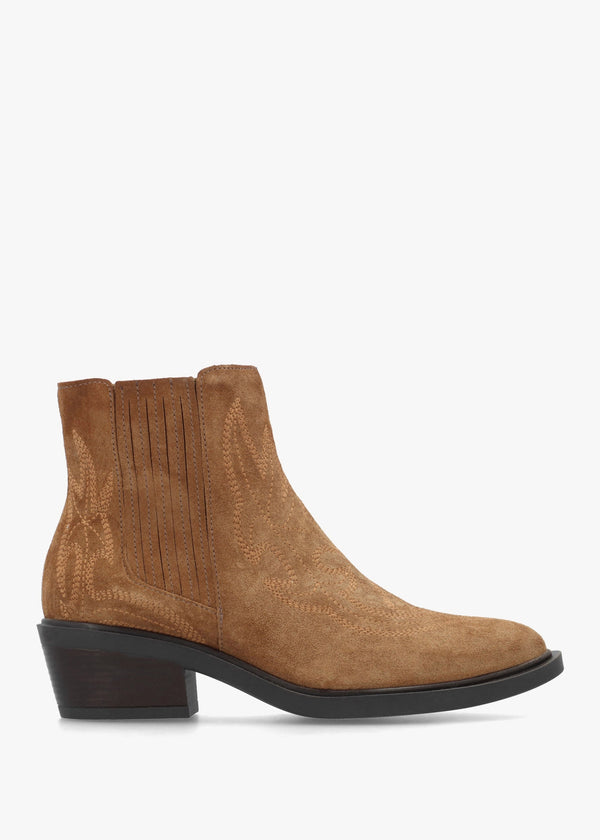 Ikes Tan Suede Embroidered Western Ankle Boots