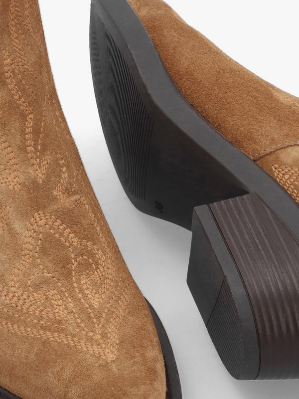 Ikes Tan Suede Embroidered Western Ankle Boots
