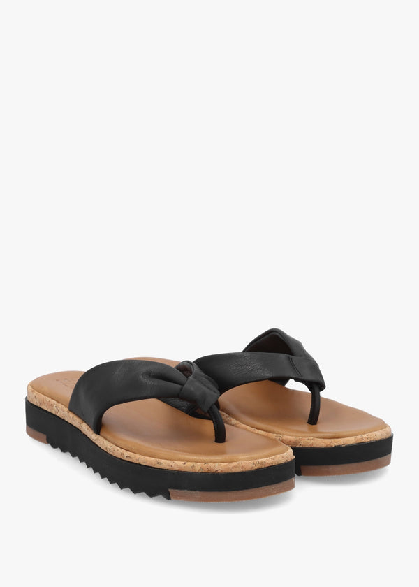 Kadence Black Leather Toe Post Sandals