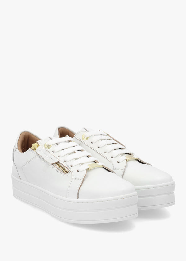 Abbee White Leather Side Zip Lace Up Flatform Trainers