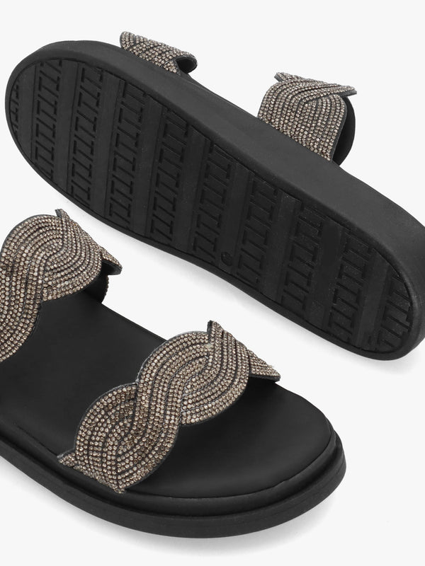 Larkle Black Diamante Swirl Flat Mules