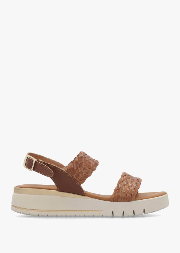 Lait Tan Leather Woven Sling Back Low Wedge Sandals