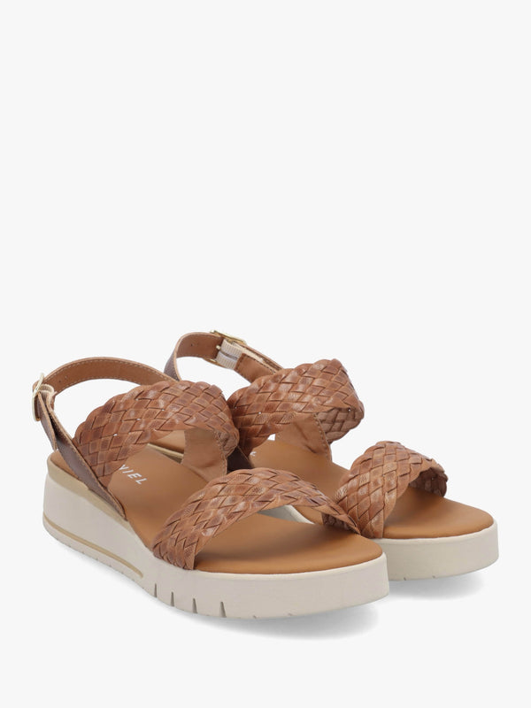 Lait Tan Leather Woven Sling Back Low Wedge Sandals
