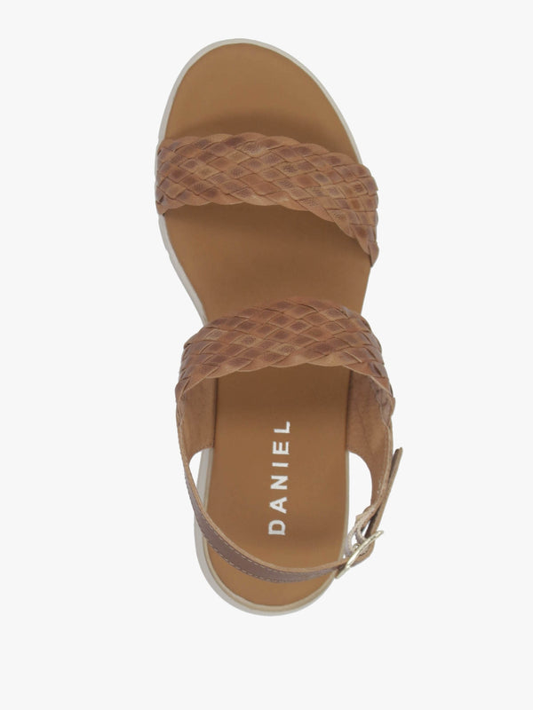 Lait Tan Leather Woven Sling Back Low Wedge Sandals