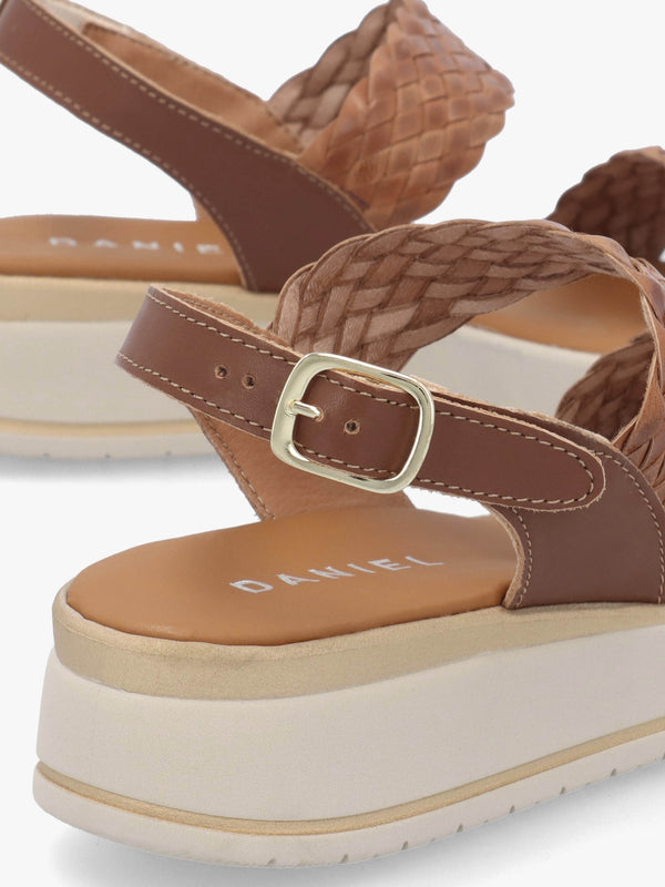 Lait Tan Leather Woven Sling Back Low Wedge Sandals