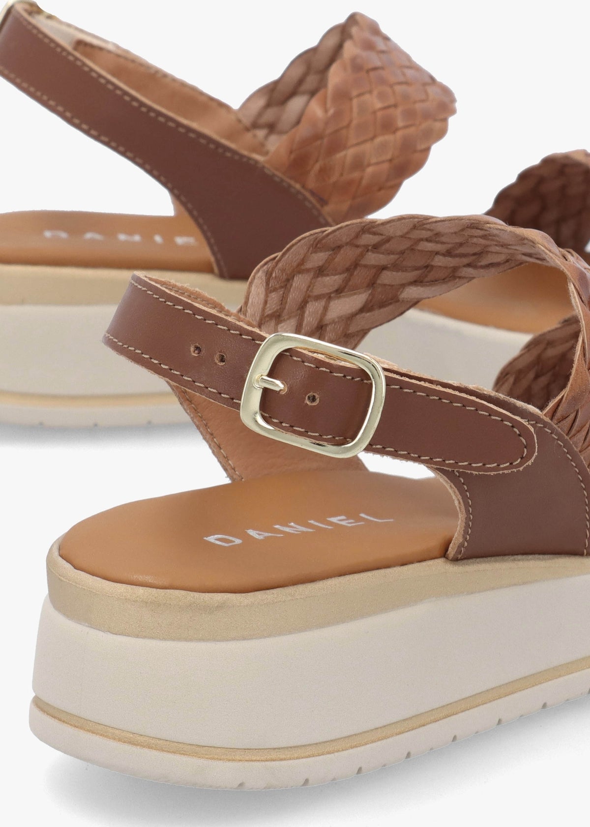 Lait Tan Leather Woven Sling Back Low Wedge Sandals