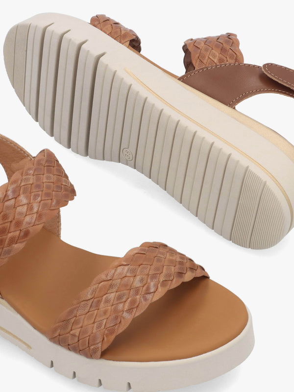Lait Tan Leather Woven Sling Back Low Wedge Sandals