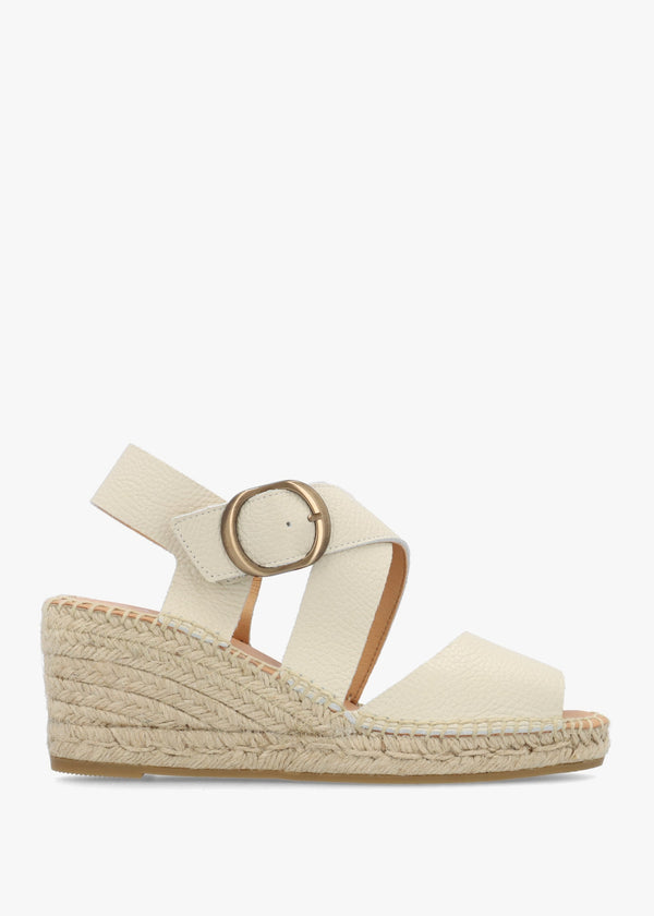 Juckle Cream Leather Cross Strap Wedge Espadrilles